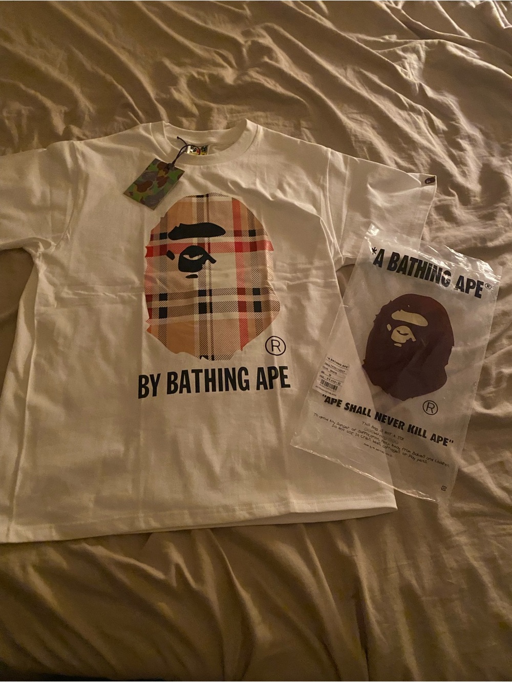 A Bathing Ape White Plaid Ape Head Logo Short Sleeve Tee